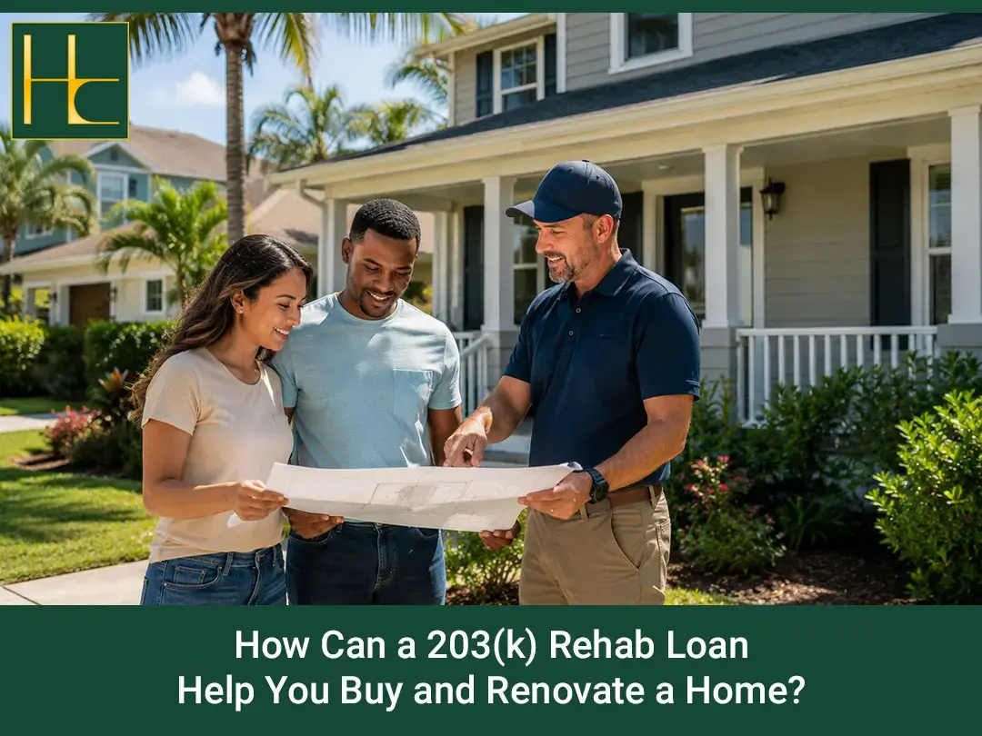 How Can a 203(k) Rehab Loan Help You Buy and Renovate a Home? A couple and a contractor reviewing house plans outside a suburban home on a sunny day