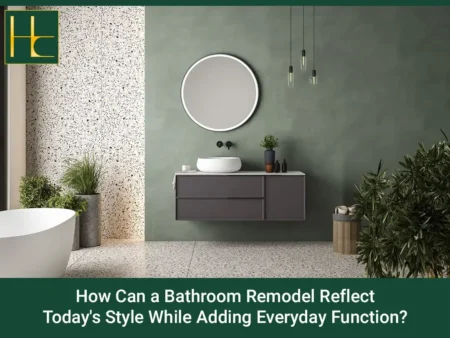 Modern bathroom remodel with floating vanity, round mirror, pendant lights, bathtub, and green plants reflecting stylish, fun